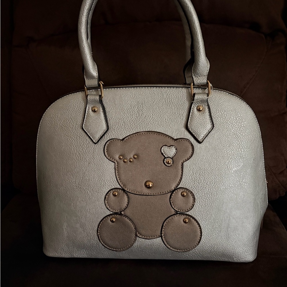 Chic Silver Hobo Bag with Teddy Bear Design